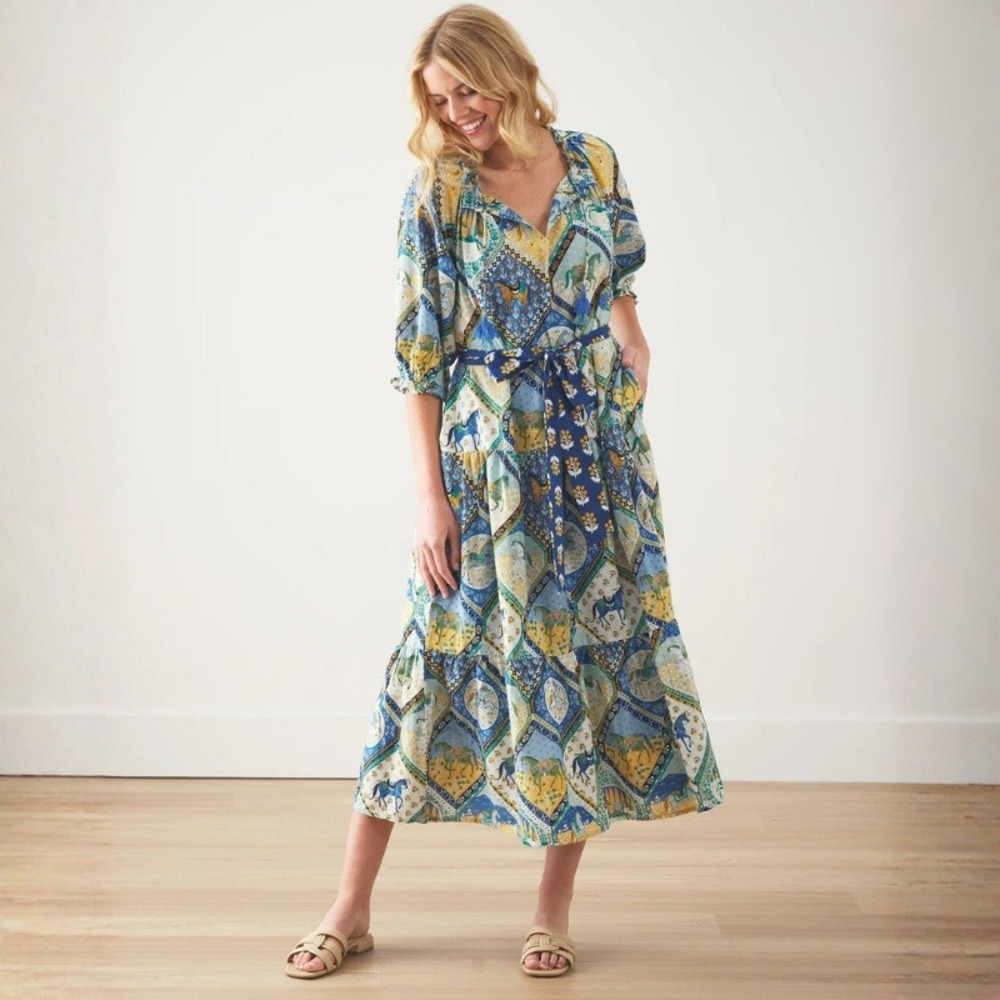 Printfresh High‎ Horse Devon Dress in Blue Multi Organic Cotton Midi Medium NWT